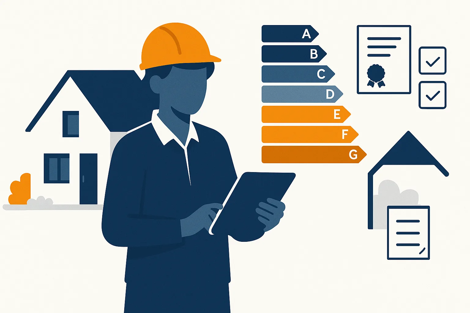 Energielabel adviseur met tablet voor een woning, met energielabel van A tot G