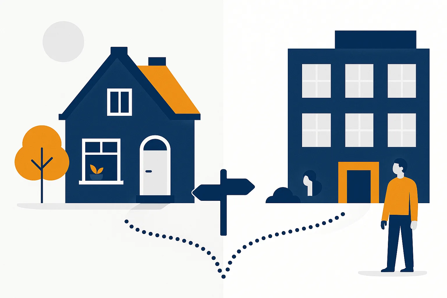 Een woning en een utiliteitsgebouw met een wegwijzer ertussen, symbool voor de keuze tussen EPA-W en EPA-U