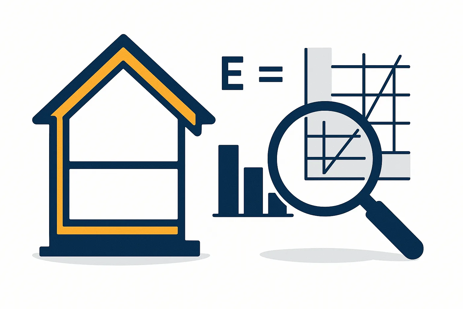 Doorsnede van een woning met isolatie, naast een vergrootglas op een energieberekening